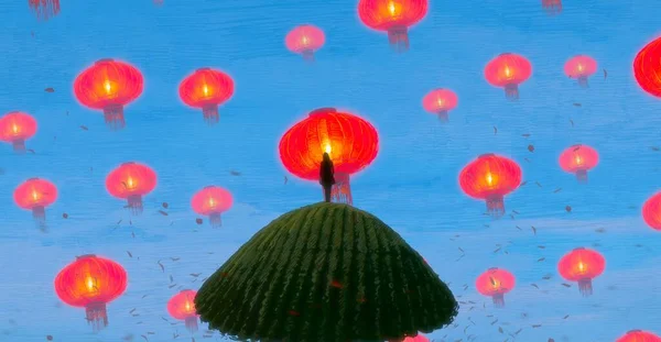 Abstract Background Human Silhouette Chinese Lanterns — Stock Photo, Image