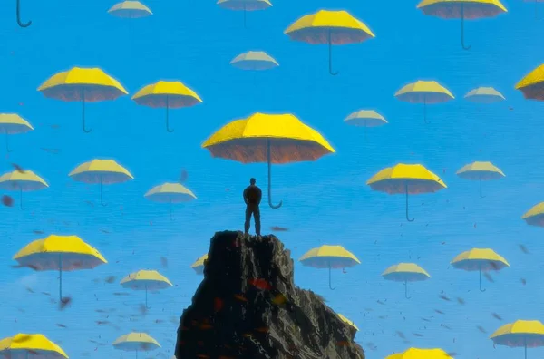 Abstraktní Pozadí Lidskou Siluetou Deštníky — Stock fotografie