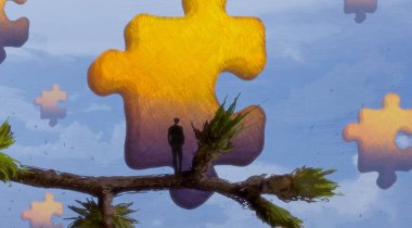 İnsan silueti ve bulmaca parçalarıyla soyut arkaplan  