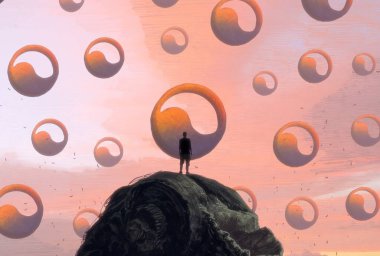 İnsan silueti ve geometrik biçimlere sahip soyut arkaplan 