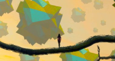 İnsan silueti ve geometrik biçimlere sahip soyut arkaplan 