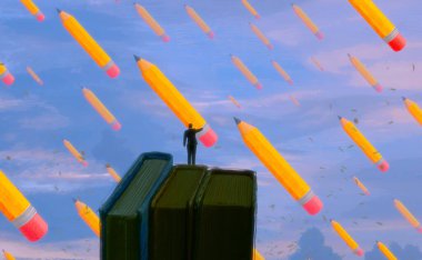 İnsan silueti ve kalemlerle soyut bir arkaplan