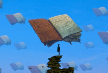 İnsan silueti ve kitaplarla soyut bir arkaplan  