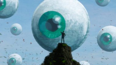 İnsan silueti ve gözleriyle soyut bir arkaplan 