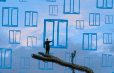 İnsan silueti ve pencereli soyut arkaplan