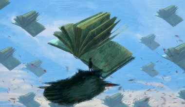 İnsan silueti ve kitaplarla soyut bir arkaplan  