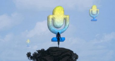 İnsan silueti ve mikrofonları olan soyut bir arkaplan 