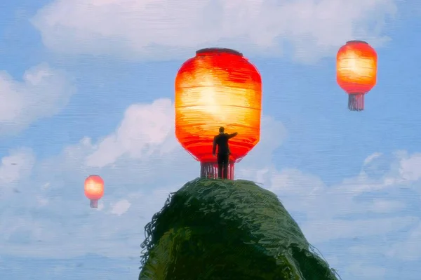 Abstract Background Human Silhouette Chinese Lanterns — Stock Photo, Image