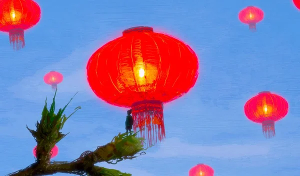 Elvont Háttér Emberi Sziluett Kínai Lámpák — Stock Fotó