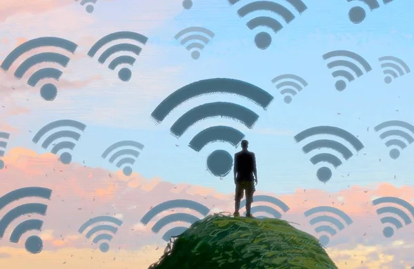 Abstrakt Bakgrund Med Mänskliga Siluett Och Wifi Tecken — Stockfoto