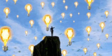 İnsan silueti ve ampullerle soyut arkaplan    