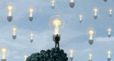 İnsan silueti ve ampullerle soyut arkaplan    