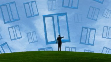 İnsan silueti ve pencereli soyut arkaplan   