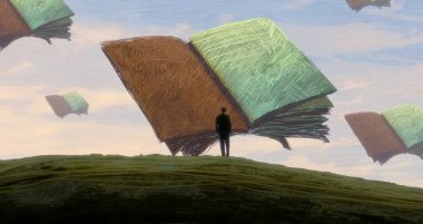 İnsan silueti ve kitaplarla soyut bir arkaplan  