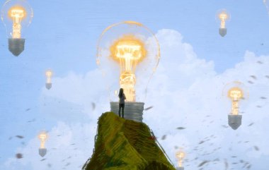 İnsan silueti ve ampullerle soyut arkaplan