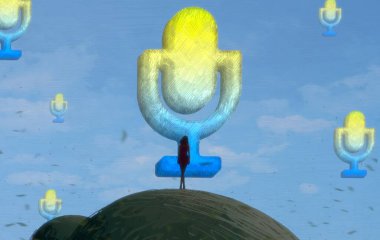 İnsan silueti ve mikrofonları olan soyut bir arkaplan