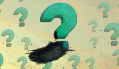 İnsan silueti ve soru işaretleriyle soyut arkaplan