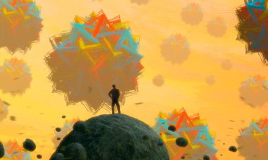 İnsan silueti ve geometrik biçimlere sahip soyut arkaplan 