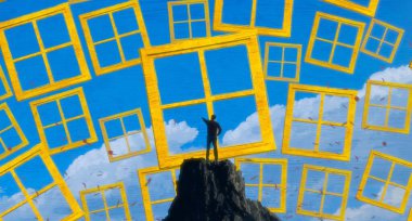 İnsan silueti ve pencereli soyut arkaplan 