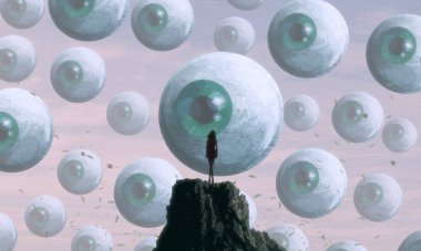 İnsan silueti ve gözleriyle soyut bir arkaplan 