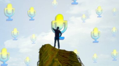 İnsan silueti ve mikrofonları olan soyut bir arkaplan