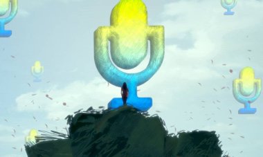 İnsan silueti ve mikrofonları olan soyut bir arkaplan