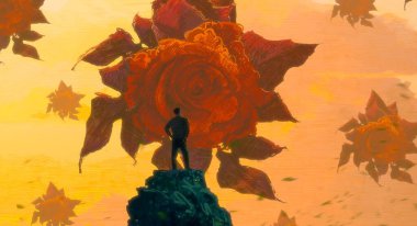 İnsan silueti ve güllerle soyut bir arkaplan   