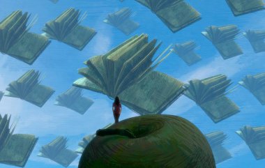 İnsan silueti ve kitaplarla soyut bir arkaplan  