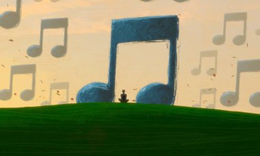 İnsan silueti ve müzikal şeylerle soyut bir arkaplan