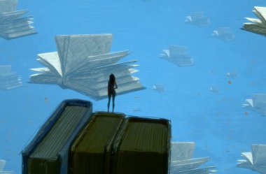 İnsan silueti ve kitaplarla soyut bir arkaplan  