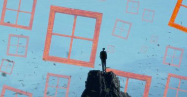 İnsan silueti ve pencereli soyut arkaplan   