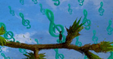 İnsan silueti ve müzikal şeylerle soyut bir arkaplan 