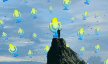 İnsan silueti ve mikrofonları olan soyut bir arkaplan 