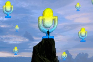 İnsan silueti ve mikrofonları olan soyut bir arkaplan 