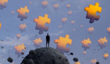 İnsan silueti ve bulmaca parçalarıyla soyut arkaplan 