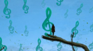 İnsan silueti ve müzikal şeylerle soyut bir arkaplan 