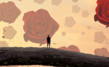 İnsan silueti ve güllerle soyut bir arkaplan