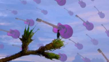 İnsan silueti ve müzikal şeylerle soyut bir arkaplan  