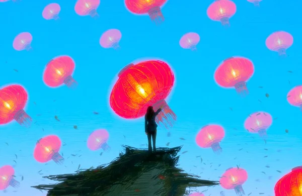 Fond Abstrait Avec Silhouette Humaine Lanternes Chinoises — Photo