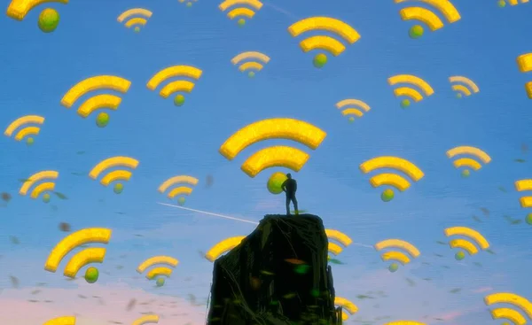 人間のシルエットとWifiサイン付きの抽象的な背景 — ストック写真