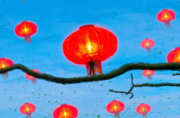 Abstract Background Human Silhouette Chinese Lanterns — Stock Photo, Image