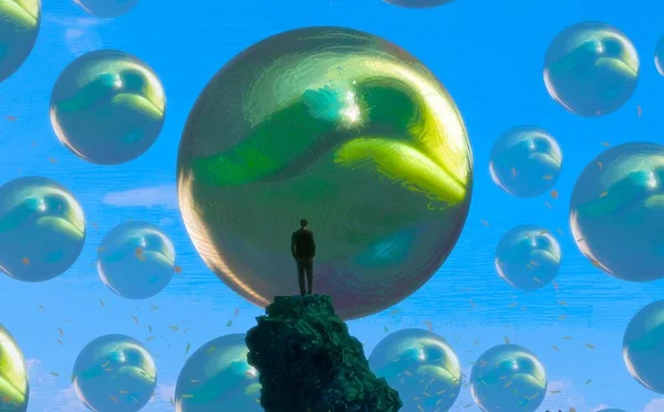 Abstrakcyjne Tło Sylwetką Człowieka Zielone Kulki — Zdjęcie stockowe