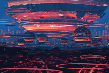 Soyut bilim kurgu geçmişi, fütüristik duvar kağıdı ve teknoloji konsepti. Veri bağlantısı ve uzayın derinliklerindeki gelecekteki robot gezegen. Uzaylılar ve klon mühendisliği 