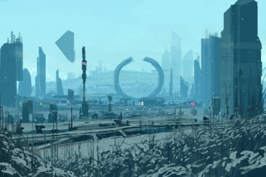 Soyut bilim kurgu geçmişi, fütüristik duvar kağıdı ve teknoloji konsepti. Veri bağlantısı ve uzayın derinliklerindeki gelecekteki robot gezegen. Uzaylılar ve klon mühendisliği 