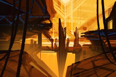 Soyut bilim kurgu geçmişi, fütüristik duvar kağıdı ve teknoloji konsepti. Veri bağlantısı ve uzayın derinliklerindeki gelecekteki robot gezegen. Uzaylılar ve klon mühendisliği 