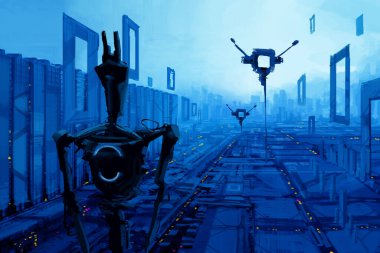 Soyut bilim kurgu geçmişi, fütüristik duvar kağıdı ve teknoloji konsepti. Veri bağlantısı ve uzayın derinliklerindeki gelecekteki robot gezegen. Uzaylılar ve klon mühendisliği 