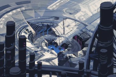 Soyut bilim kurgu geçmişi, fütüristik duvar kağıdı ve teknoloji konsepti. Veri bağlantısı ve uzayın derinliklerindeki gelecekteki robot gezegen. Uzaylılar ve klon mühendisliği 