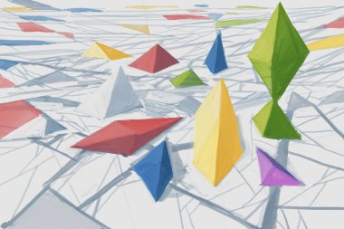 Çeşitli şekil ve nesnelerle soyut geometrik arkaplan. Matematik fantezi duvar kağıdı