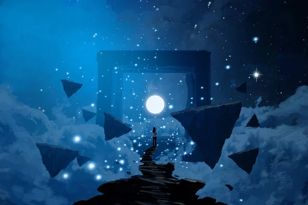 Soyut bilim kurgu geçmişi, fütüristik duvar kağıdı ve teknoloji konsepti. Veri bağlantısı ve uzayın derinliklerindeki gelecekteki robot gezegen. Uzaylılar ve klon mühendisliği 