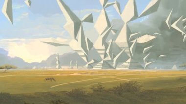 Soyut bilim kurgu görüntüleri, fütüristik video ve teknoloji konsepti. Derin uzayda veri bağlantısı ve gelecekteki yabancı gezegen.